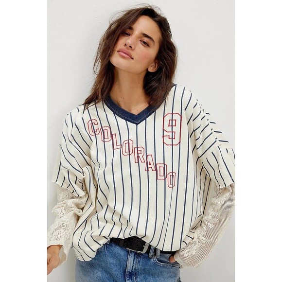Free People We The Free Trevor Tee Tunic Top Striped Graphic Printed L 281142 - Picture 1 of 9